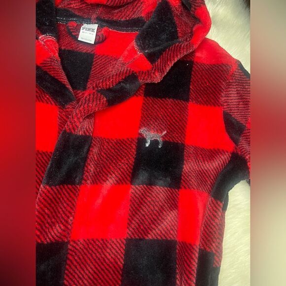 Victoria's Secret Pink Bling Plaid Fleece Hooded Robe Red/Black/Silver Dog XS - Picture 2 of 10